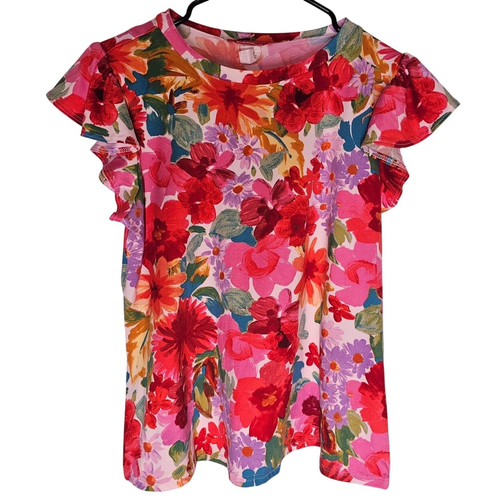 Rainbow Women XL Red Pink Floral Flutter Sleeve Summer Top Crew Neck Soft